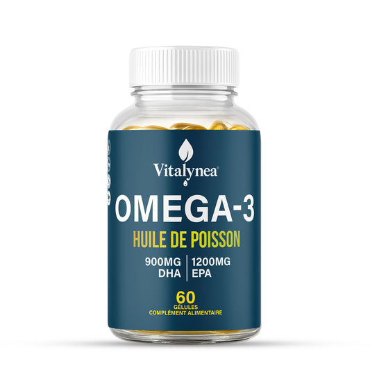 Oméga-3 haute concentration avec 1200 mg EPA et 900 mg DHA. Soutien cœur,
cerveau et bien-être. Format 60 gélules – cure 30 jours.