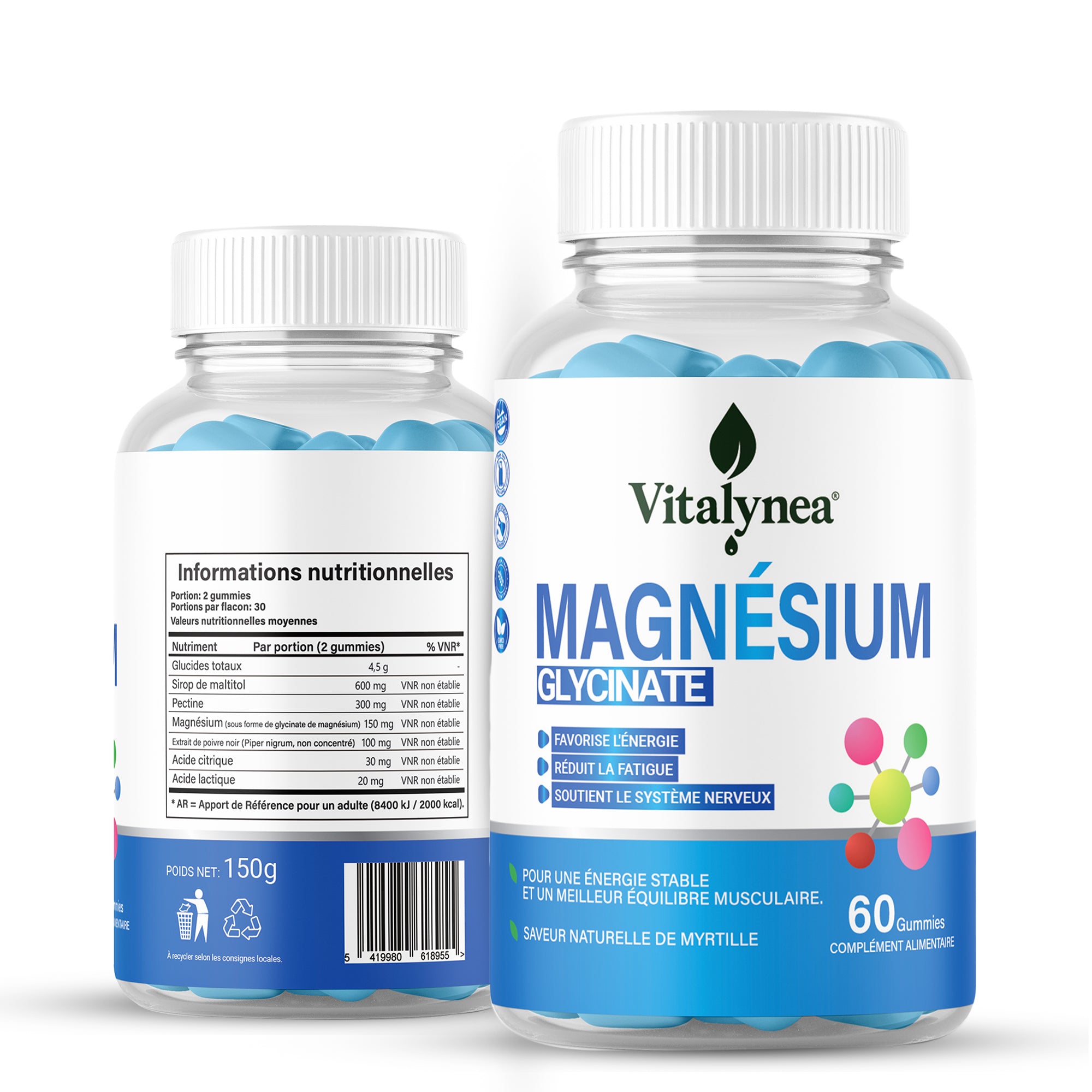 Magnésium glycinate en gummies pour réduire la fatigue, soutenir
l’énergie et le système nerveux. Format 60 gummies – goût myrtille.