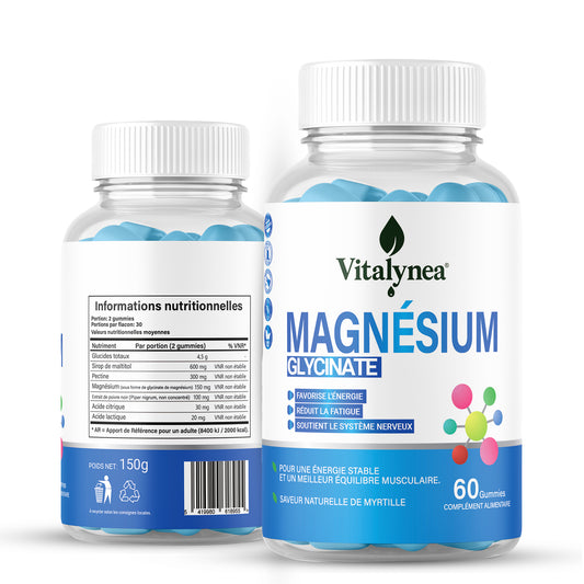 Magnésium glycinate en gummies pour réduire la fatigue, soutenir
l’énergie et le système nerveux. Format 60 gummies – goût myrtille.