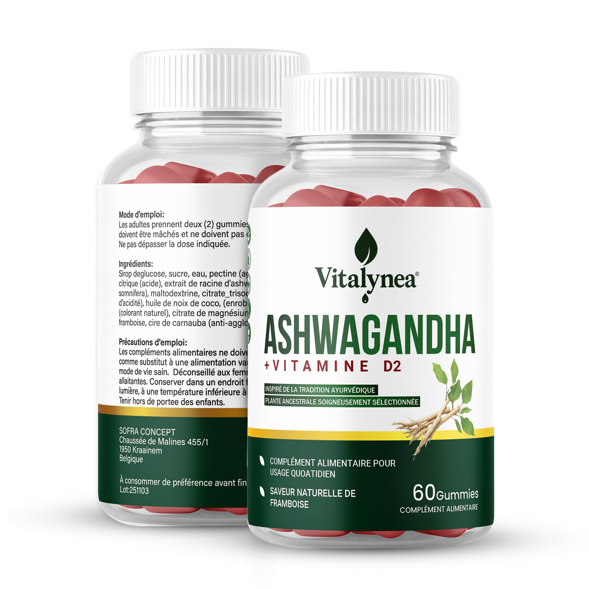 Ashwagandha en gummies avec vitamine D2 pour réduire le stress, soutenir
l’équilibre mental et le bien-être. Format 60 gummies – goût framboise.