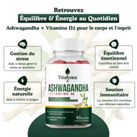 🔥 Ashwagandha Gummies + Vitamine D2 – Réduisez le Stress & Retrouver votre Équilibre Naturel | 60 Gummies
