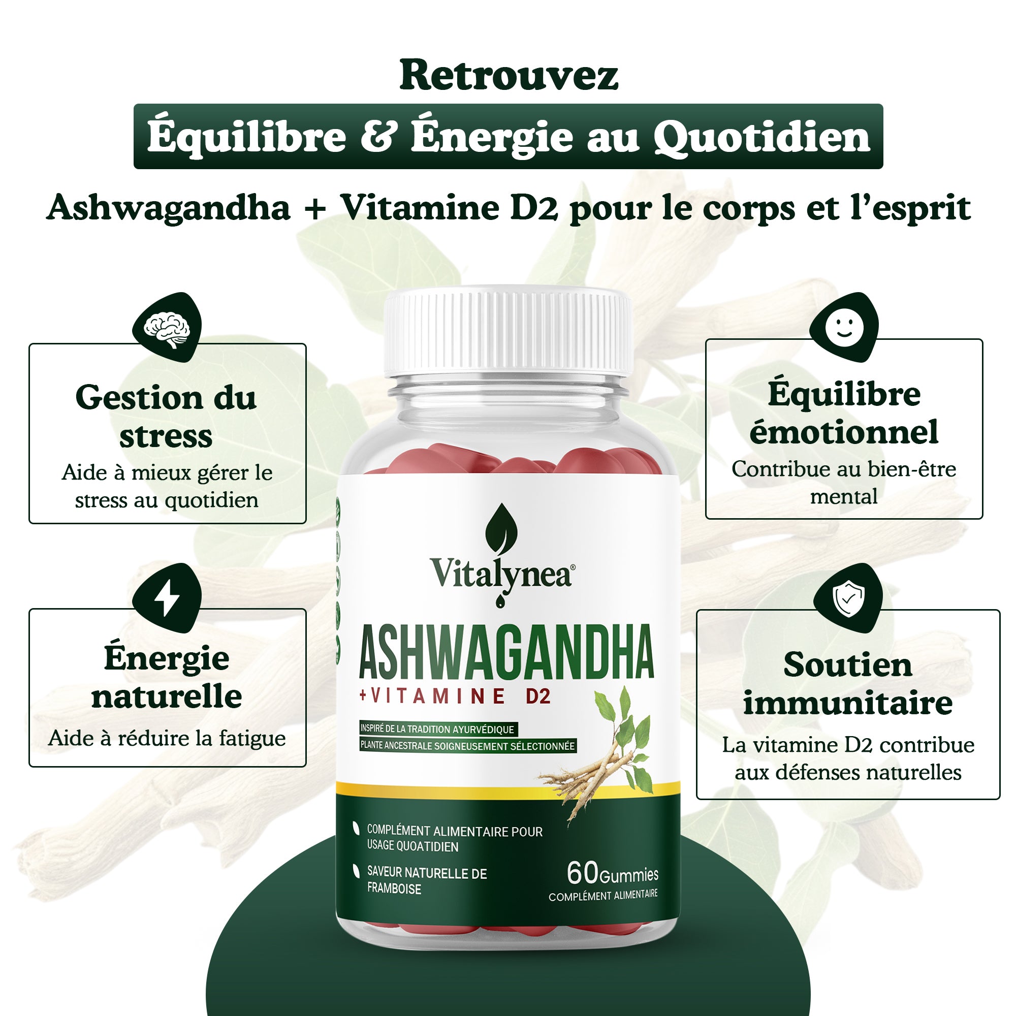🔥 Ashwagandha Gummies + Vitamine D2 – Réduisez le Stress & Retrouver votre Équilibre Naturel | 60 Gummies